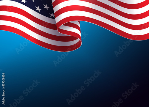 Blue illustration with waving USA flag, independence day design element