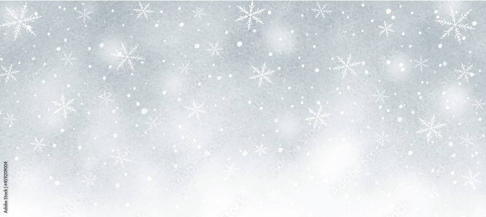 Fototapeta premium 雪の結晶の幻想的な水彩背景 グレー