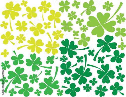 Simple vector green shamrocks isolated on white background. Bright green four leaf clovers illustration. Trendy cartoon template.