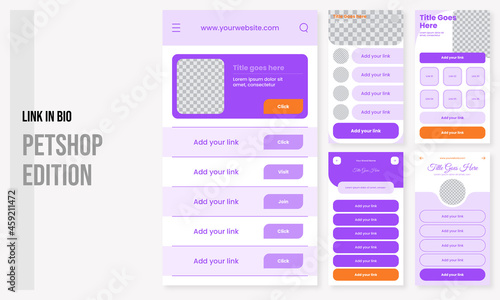 Set of editable social media instagram bio link pet, link in bio petshop, grooming, petcare with purple white design vector template ai and eps 10