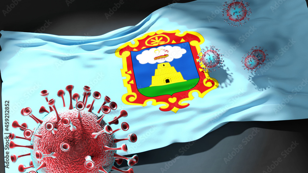 Covid in Ayacucho - coronavirus attacking a city flag of Ayacucho as a symbol of a fight and struggle with the virus pandemic in this city, 3d illustration