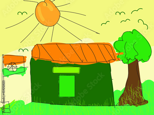 Indian house colorful line drawing.  Kids coloring page design with hut, tree and sun.