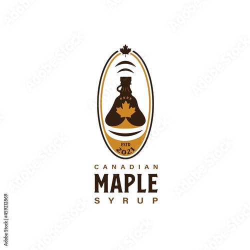 Vintage Retro Style for Maple Syrup Logo Design. With maple leaf, bottle icon. Luxury, Classic, and Premium Logo