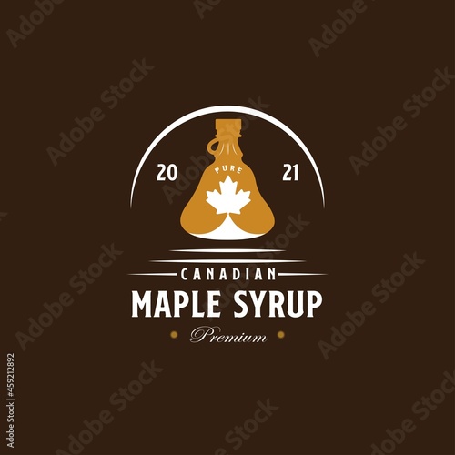 Vintage Retro Style for Maple Syrup Logo Design. With maple leaf, bottle icon. Luxury, Classic, and Premium Logo