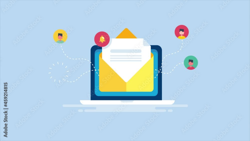 Marketing email, sending business email to customer, newsletter concept. Communication technology, 2d animation 4k video clip.