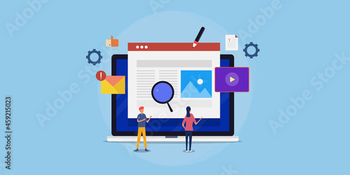 Content marketing service  seo content  social media video content  email business people managing online content with cms application software. Web banner template.