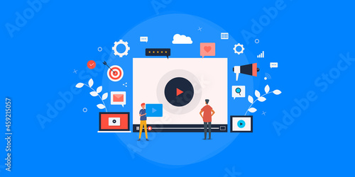 Video content marketing team producing and managing online videos and targeting audience, social media video promotion, video displaying on digital device, live streaming, filming, broadcasting. 