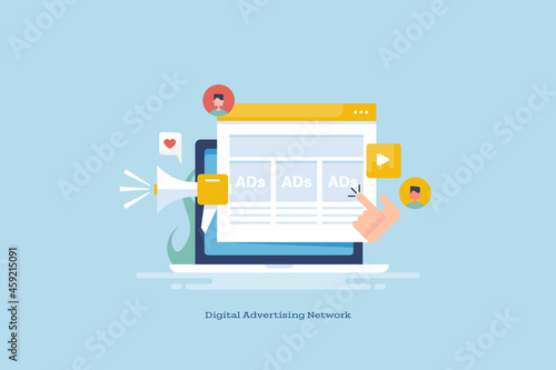 Customer clicking on digital advertising, social media ads, sponsored ad content displaying on website page, marketing advertising media solution, communication technology. Web banner template.