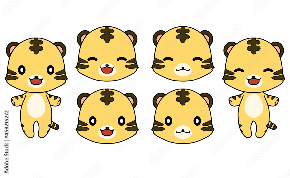 トラのキャラクターの全身と顔のイラストセット