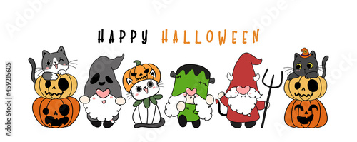 Group of cute happy kitten cats and fancy Halloween Gnome costume, Happy halloween, flat cartoon hand drawn doodle outline vector