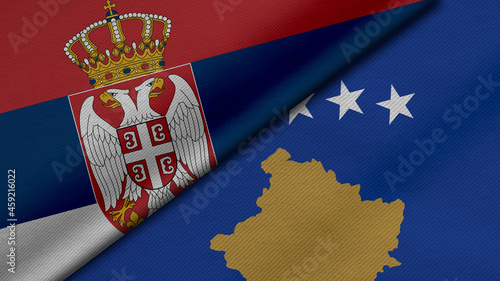 3D Rendering of two flags from republic of serbia and republic of kosovo together with fabric texture, bilateral relations, peace and conflict between countries, great for background photo