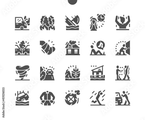 Force majeure. Forest is burning. Boat sinking. Accident, dangerous, crash, injury, disaster. Wheel struck. Mountain collapse. Vector Solid Icons. Simple Pictogram