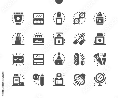 Beauty essentials. Cosmetics shop. Lipstick, cream, eye shadow, hairbrush, mascara, mirror and other. Female beauty tools. Vector Solid Icons. Simple Pictogram