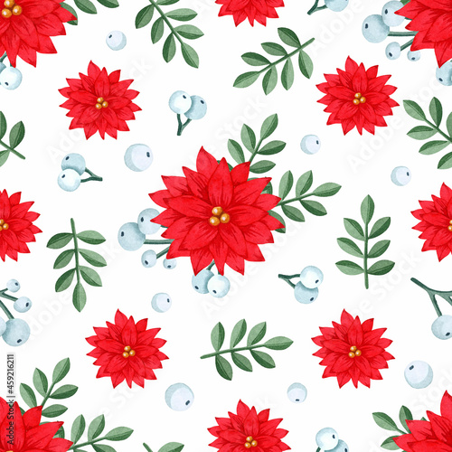 Christmas poinsettia watercolor seamless pattern