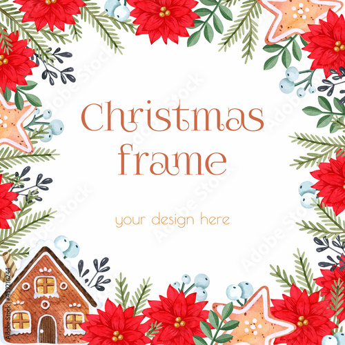 Watercolor poinsettia and gingerbread house frame template Christmas background