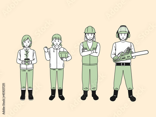 林業　男女　第一次産業　全身　イラスト素材