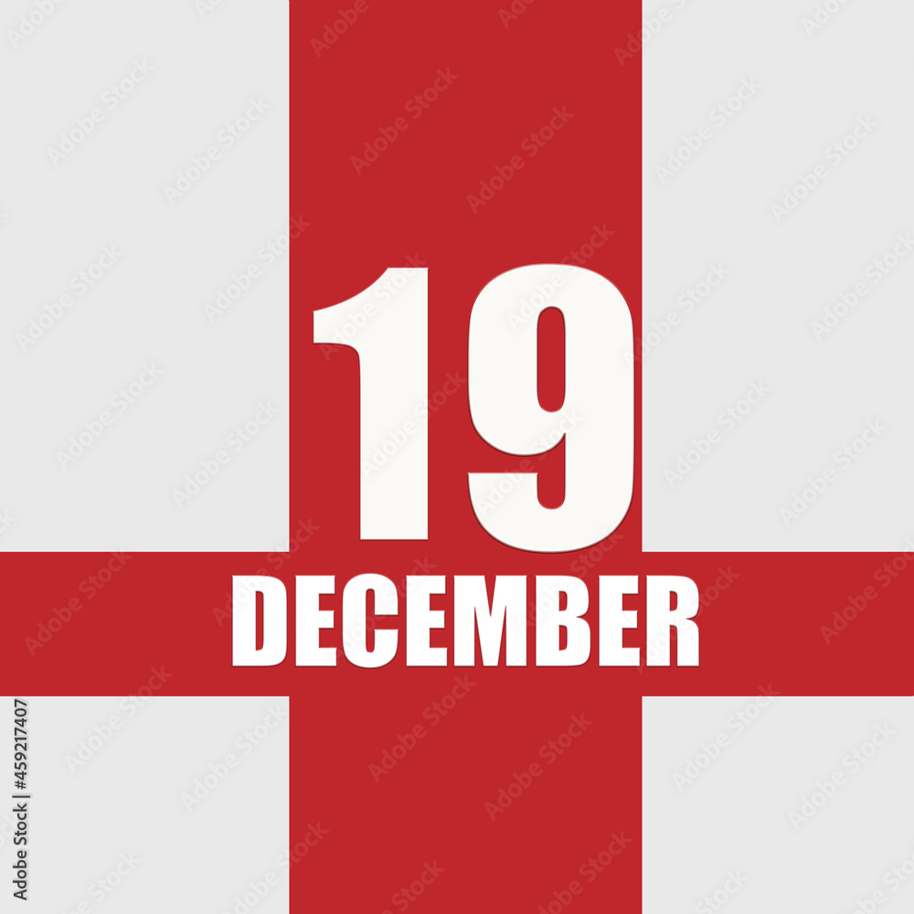 december 19. 19th day of month, calendar date.White numbers and text on red intersecting stripes. Concept of day of year, time planner, winter month. december 19. 19th day of month, calendar date.White numbers and text on red intersecting stripes. Concept of day of year, time planner, winter month.