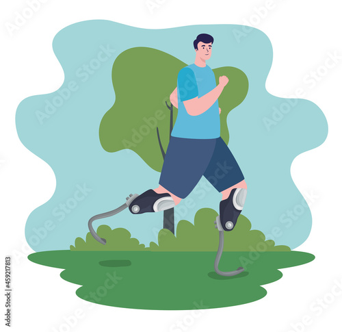man running with prosthesis legs scene