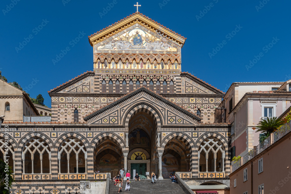 Central faade of the Cathedral of St. Andrew, overlooking the Piazza Duomo in the heart of Amalfi.
