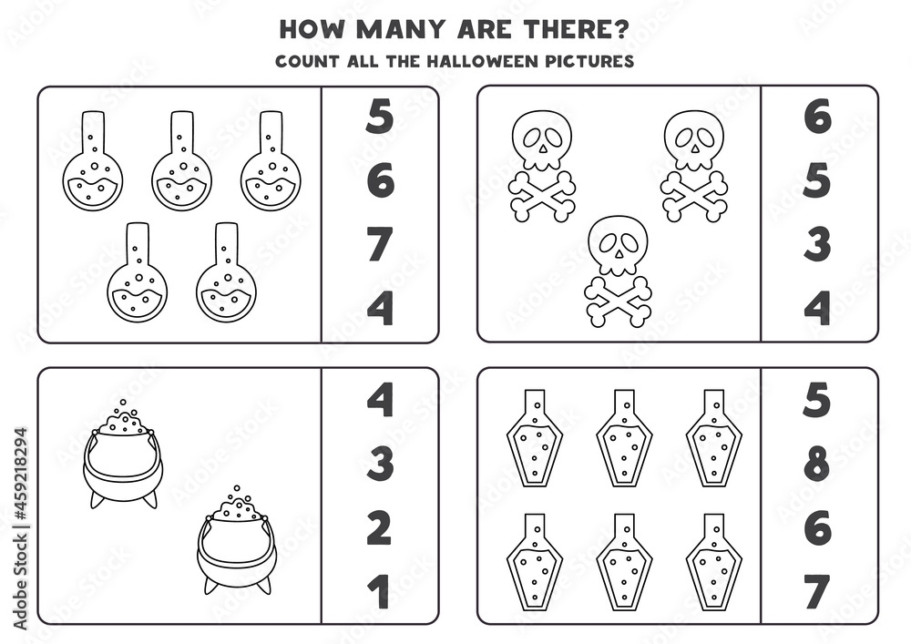 Counting game with Halloween pictures. Black and white worksheet.