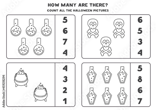 Counting game with Halloween pictures. Black and white worksheet.