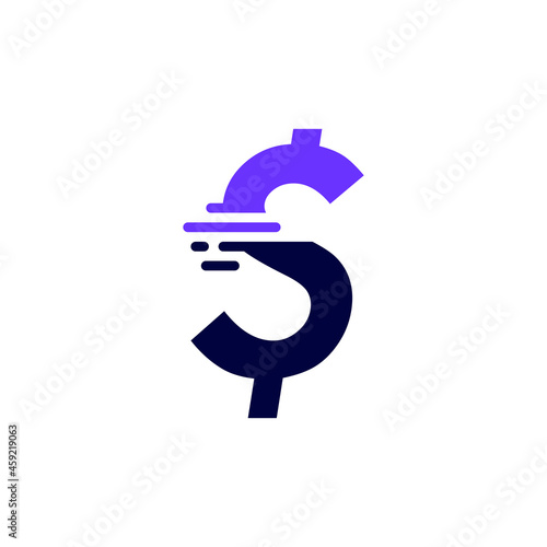 dollar mark dash money tech digital fast quick delivery movement purple logo vector icon illustration