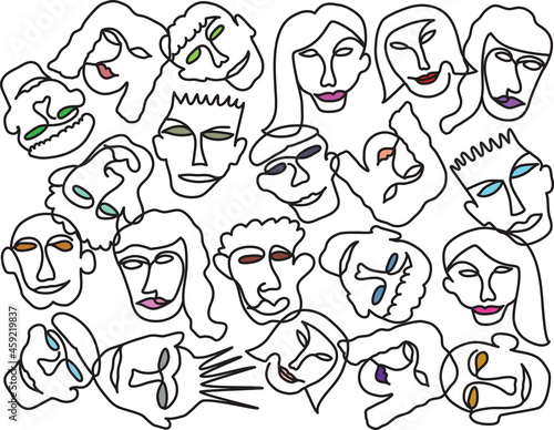 Set of vector one line drawings. Cartoon ink men and women faces sketch isolated on white background.