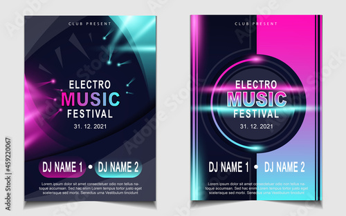 Cover music poster flyer design template background with layout colorful on dark blue glitters style. Light electro vector for event festival concert, dancing, disco, night club invitation