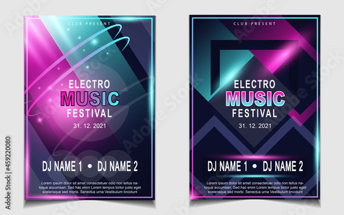 Cover music poster flyer design template background with layout colorful on dark blue glitters style. Light electro vector for event festival concert, dancing, disco, night club invitation