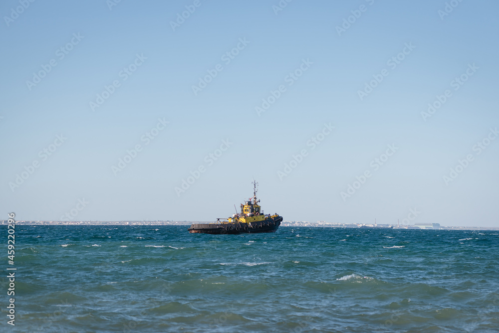Ship in the sea water background.