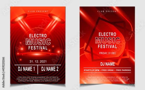 Cover music poster flyer design template background with layout red color on dark glitters style. Light electro vector for event festival concert, dancing, disco, night club invitation