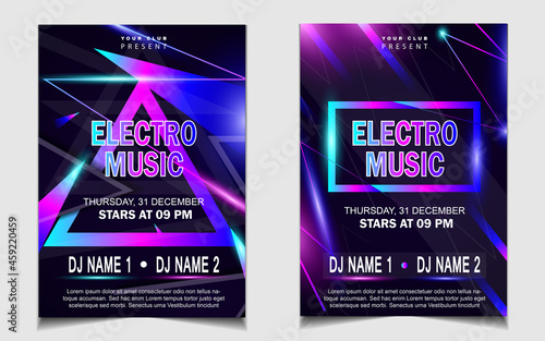Cover music poster flyer design template background with layout colorful on dark blue glitters style. Light electro vector for event festival concert, dancing, disco, night club invitation