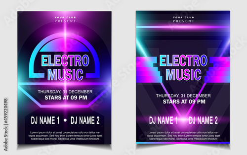 Cover music poster flyer design template background with layout colorful on dark blue glitters style. Light electro vector for event festival concert, dancing, disco, night club invitation