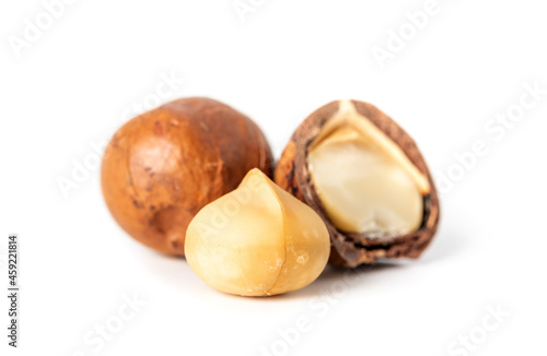 Macadamia nuts healthy nutrition food on white background