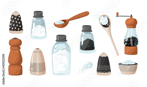 Salt and pepper bottles. Hand drawn tableware for spicy seasoning. Salty crystal powder and black peas sketch. Spoons and mills. Kitchen spice containers. Vector culinary condiments set