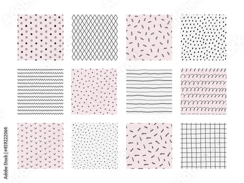 Doodle pattern. Seamless hand drawn prints with geometric sketch shapes. Pastel pink or white backgrounds with dots and lines. Minimal rings and strokes. Vector social media banners set