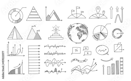 Doodle diagrams. Business presentation and statistics hand drawn infographic elements. Black and white data visualization graphs templates. Vector progress bar and block schemes set