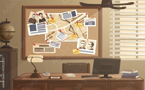 Detective workplace. Police office with investigation board. Searching evidences. Photos, notes and map attached to pinboard. Investigators room with desk and safe. Vector illustration