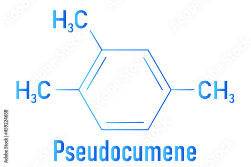 Pseudocumene (1,2,4-trimethylbenzene) aromatic hydrocarbon molecule. Occurs in naturally in coal tar and petroleum. Skeletal formula. photo