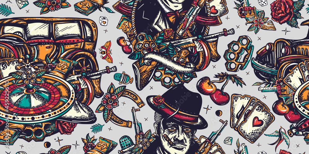 Gangsters pattern. Criminal, old noir movie. Traditional tattooing style. Boss plays saxophone, bandits weapons, retro car, casino, robbers. Retro crime seamless background