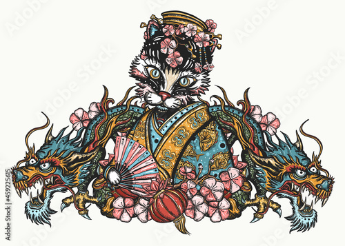 Asian kitty geisha princess, sakura flowers and dragons. Japan and China style. Funny pets art, animals hand drawn. Traditional tattooing art. Cats old school tattoo vector concept