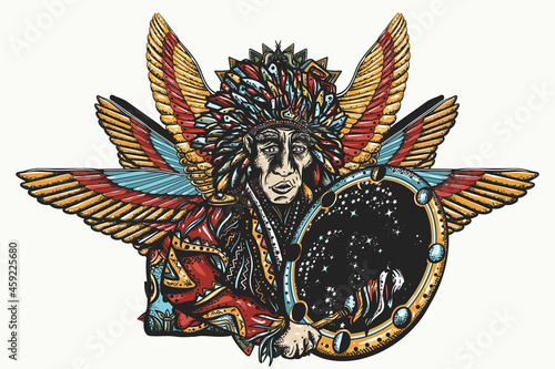 Old shaman and shamanic drums Ancient Maya Civilization. Mexican mesoamerican culture. Tattoo and t-shirt design. Native American Indian art