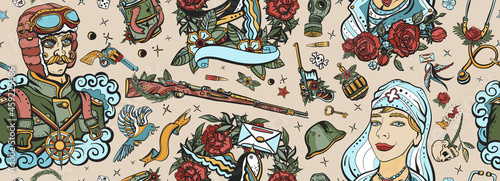 World War One. Old school tattoo seamless pattern. Love of soldier. WW1. People, history and battles. Traditional tattooing style. Military pilot in uniform, beautiful nurse, letter swallow, weapon