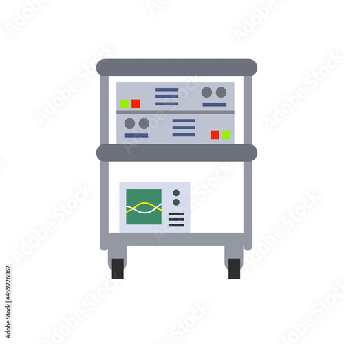 Technical equipment and device. Table with sensors and electronics for scientific work. Laboratory and appliance decorations. Oscilloscope for measuring parameters.