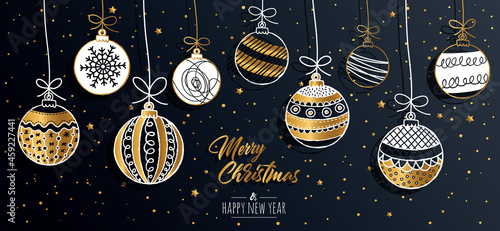 Merry Christmas greeting card set with golden text elements and modern hand drawn baubles. Vector illustration.
