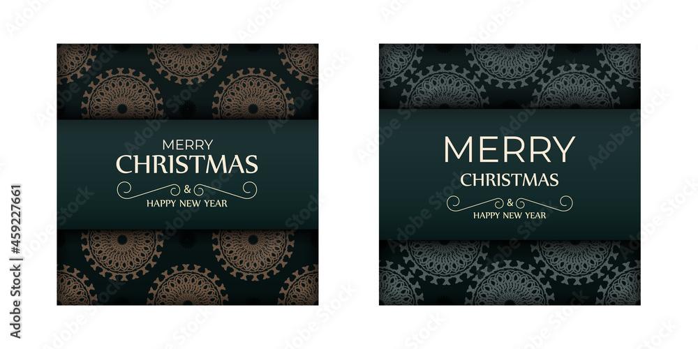 Fototapeta premium Merry christmas dark green color greeting flyer template with winter yellow pattern