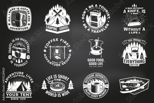 Summer camp with design elements. Vector illustration. Camping and outdoor adventure emblems. Typography design with retro camping tea kettle, pocket knife, camping tent, mug and forest silhouette.