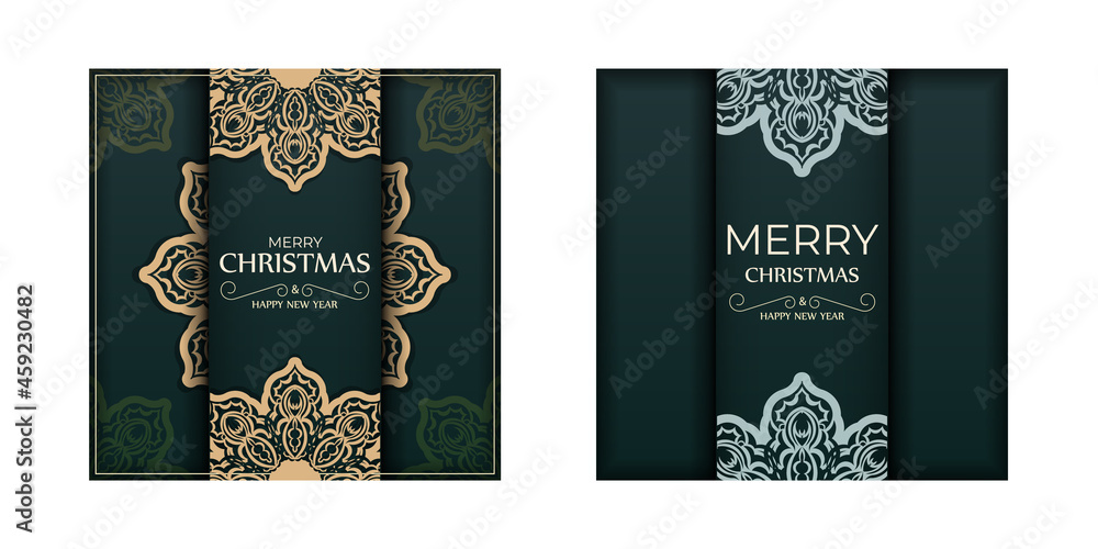 Fototapeta premium Holiday card Merry Christmas and Happy New Year in dark green color with winter yellow ornament