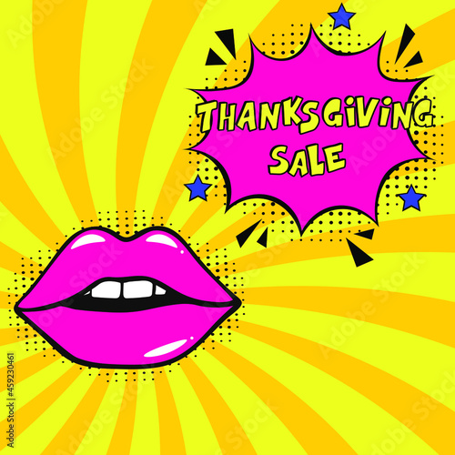 Thanksgiving sale text. Comic book explosion with text Thanksgiving sale promotion symbol. Vector bright cartoon illustration in retro pop art style. Thanksgiving sale for banner, web site, flyer