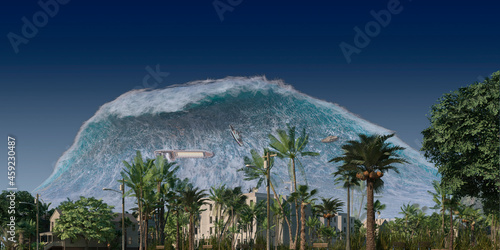 Tsunami wave apocalyptic water view urban flood Storm. 3D illustration